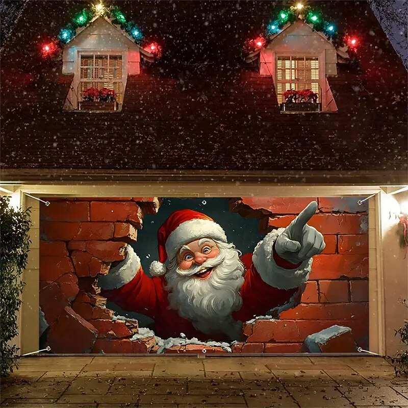 Christmas Garage Door Cover Large Hanging Backdrop Gift Santa Claus Cute 3D Party Outdoor Holiday Shooting Backgrounds Yard Home Decor2