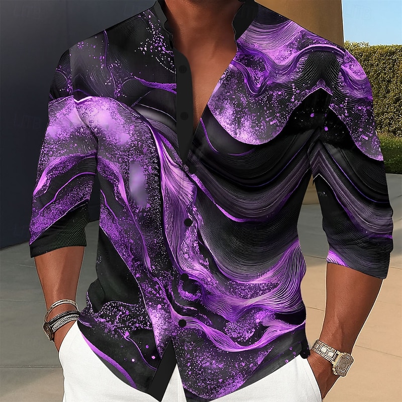 Men's Geometric Pattern Marble Abstract Liquid Art Shirt Stand Collar Shirt Long Sleeve Fashion Casual Dailywear Holiday Spring Fall Mandarin Collar Band Collar 3D Print Button Up Shirts Blue Purple4