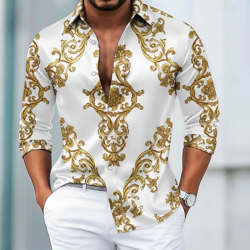 Men's Floral Print Baroque Shirt Satin Shirt Dress Shirt Long Sleeve Vintage Retro Vacation Dailywear Summer Spring Fall Turndown 3D Print Button Up Shirts Black White Burgundy Blue4