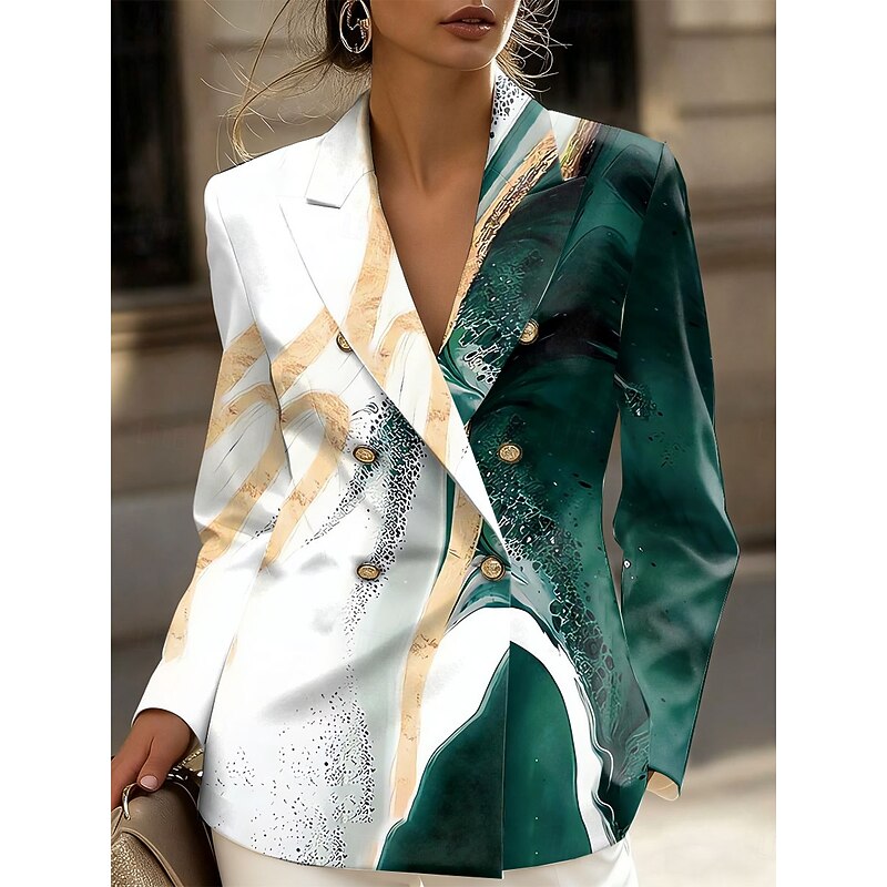 Women's Blazer Comfortable Breathable Buttons Print Fashion Casual Geometric Formal Office Street Casual Double Breasted Regular Notch Lapel Regular Fit Long Sleeve Outerwear Black Yellow Blue Spring4