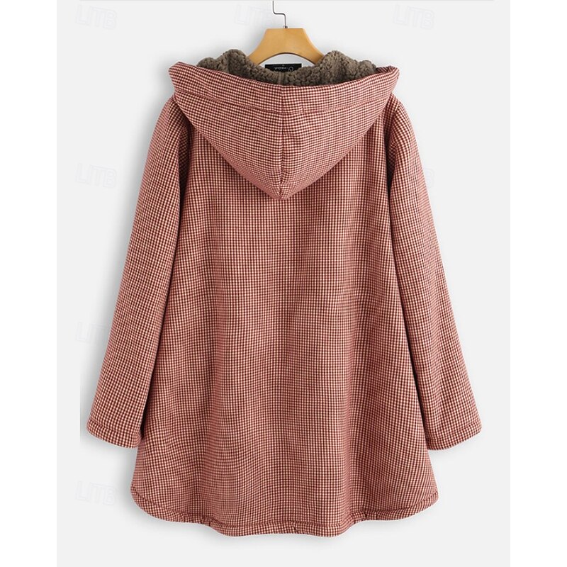 Women's Winter Coat Hoodie Jacket Warm Comfortable Zipper Pocket Buttons Casual Plaid Vacation Daily Wear Going out Weekend Regular Hoodie Regular Fit Long Sleeve Outerwear Black Red Blue Fall Winter2