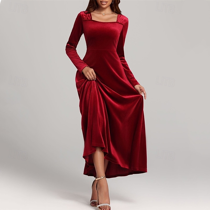 Women's Midi Dress Velvet Dress Cocktail Dress Elegant Vintage Fashion Outdoor Party Party Evening Wear Regular Fit Plain Long Sleeve Square Neck Red Blue Dark Green Purple Spring Autumn3