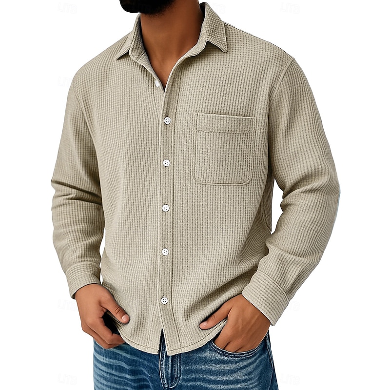 Men's Waffle Shirt Casual Shirt Button Up Shirt Waffle Knit Shirt Black White Wine Navy Blue Blue Long Sleeve Plain Turndown Casual Daily Pocket Clothing Apparel Knitwear Fashion Streetwear Modern - Main Image