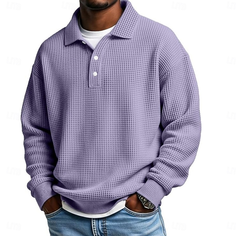 Men's Waffle Polo Shirts Polo Shirts Formal Business Ribbed Polo Collar Long Sleeve Fashion Solid Color Buttons Plain Fall Spring &  Fall Loose Fit Green Light Blue Purple Khaki Light Grey Dark Grey