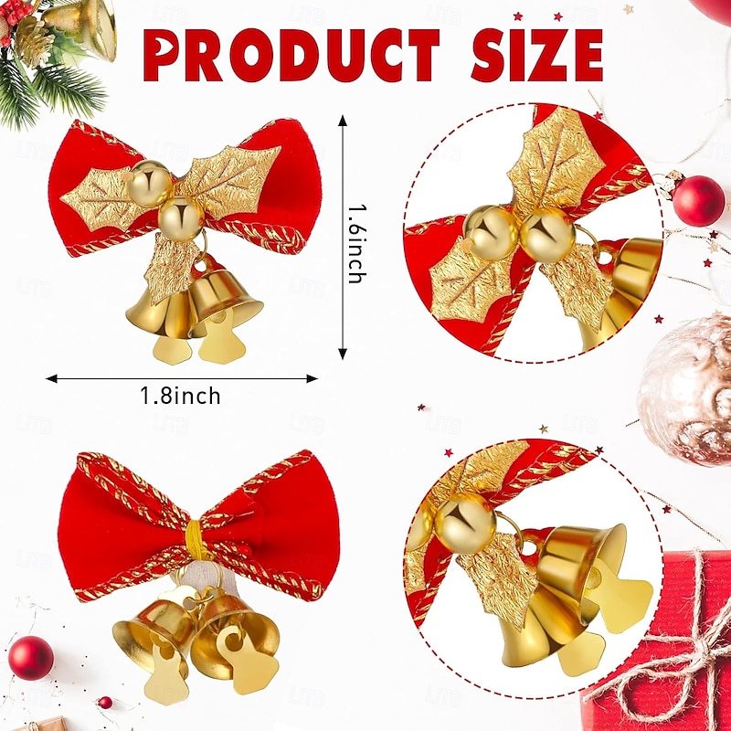 24 Pieces Christmas Bows with Bells Mini Xmas Bowknot Bell Ornaments Red Gold Holiday Decorative Bows Crafts for Christmas Tree Presents Wrapping Wreath Hanging Decor(Delicate Style)3
