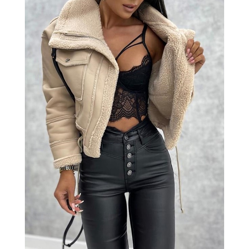 Women's Faux Leather Jacket Warm Comfortable Pocket Buttons Casual Plain Vacation Casual Daily Wear Going out Short Turndown Regular Fit Long Sleeve Outerwear Black Khaki Beige Fall Winter4
