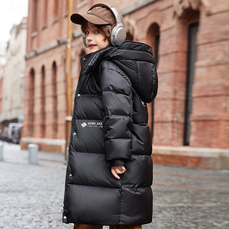 Kids Boys' Down Jacket Outdoor Jacket Puffer Jacket Outerwear Solid Color Long Sleeve Waterproof Keep Warm Windproof Coat Outdoor Daily Basic Black Red Green Fall Winter 4 years+2