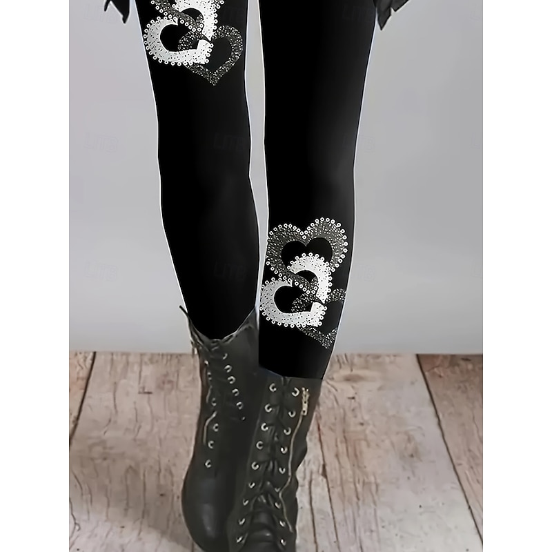 Women's Slacks Leggings Cozy Leggings Vacation Vintage Streetwear Full Length Natural Heart Graphic Elastic Waist Print Comfy Outdoor Comfortable High Elasticity Outdoor Vacation Streetwear Black Fall3
