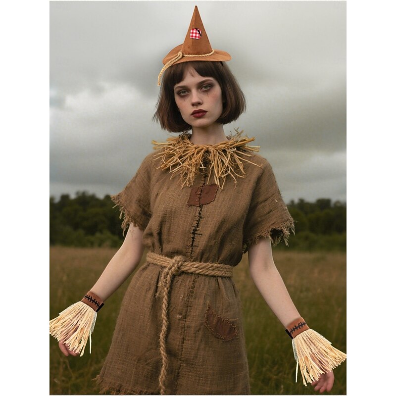 Women's Scarecrow Halloween Hat and Gloves Set -Straw Hand Costume Accessory for Halloween Party and Costume Dress-Up2