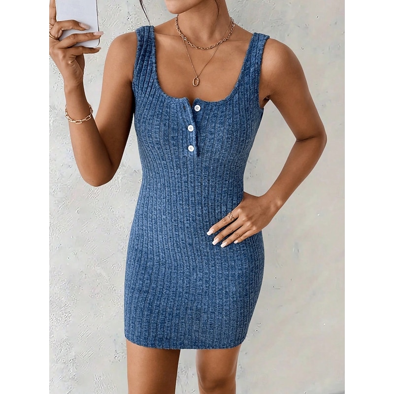 Women's Sweater Dress Sweater Co-ords Casual Soft Pure Color Ribbed U Neck Buttons Knitted Long Sleeve Long Tops Knit Outdoor Daily Weekend Black Blue Fall Winter2