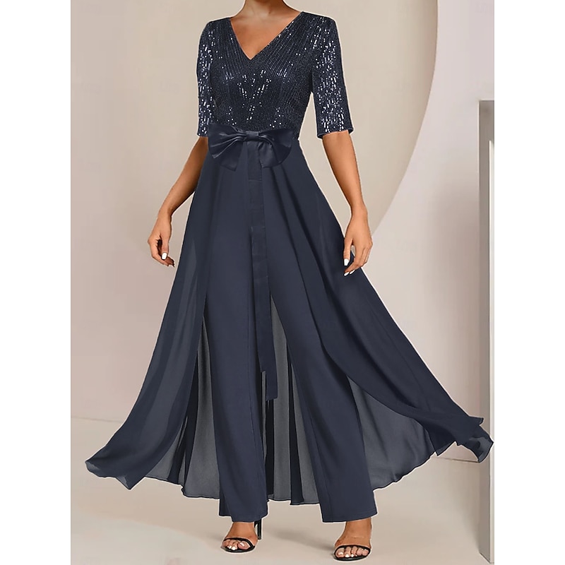 Jumpsuit Mother of the Bride  Formal Wedding Guest Elegant Scoop Neck Ankle Length Chiffon Sequined Half Sleeve with Bow(s) Sequin3