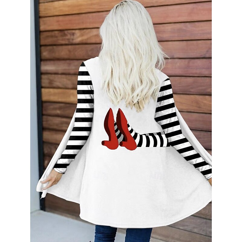 Halloween Women's Winter Coat Trench Coat Lightweight Comfortable Witch Print Open Front Vintage Fashion Casual Witch Vacation Casual Long Collarless Regular Fit Long Sleeve Outerwear Black White3