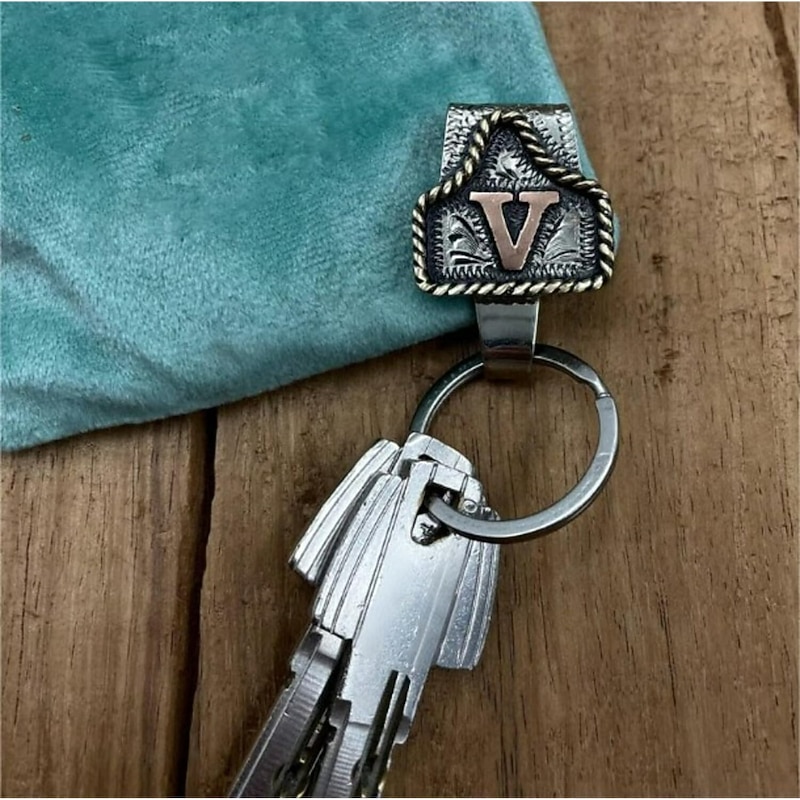 Handmade Cow Tag Belt Key Holder with Copper Initial Custom Made Texas Western Cowboy Letter Keychain, Vintage A-Z Metal Keychain for Men & Women, Fashion Jewelry Accessories2