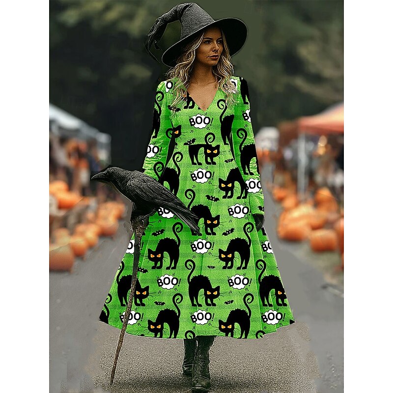 Halloween Women's Witch Print Midi Dress Casual Dress A Line Dress Vacation Casual Wedding Party Birthday Regular Fit Graphic Long Sleeve V Neck Black Purple Orange Green Spring Fall3