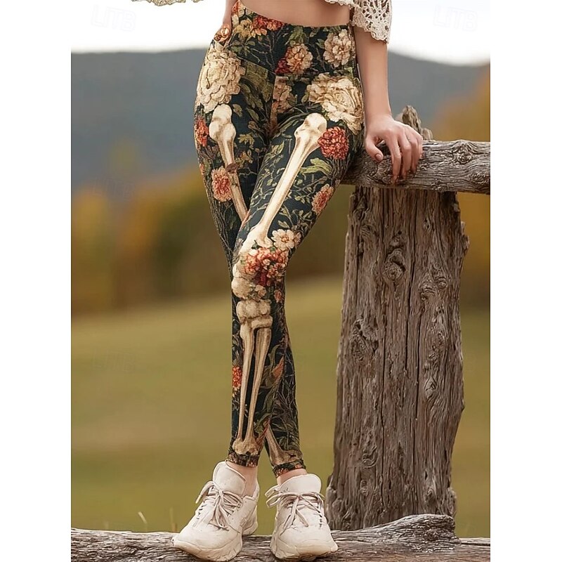 Women's Leggings Vacation Vintage Fashion Full Length High WaistPantsHalloween Graphic Skull Halloween Printing Soft Breathable Stretchy Formal Vacation Street Dark-Gray Wine Tan Black Spring Fall4