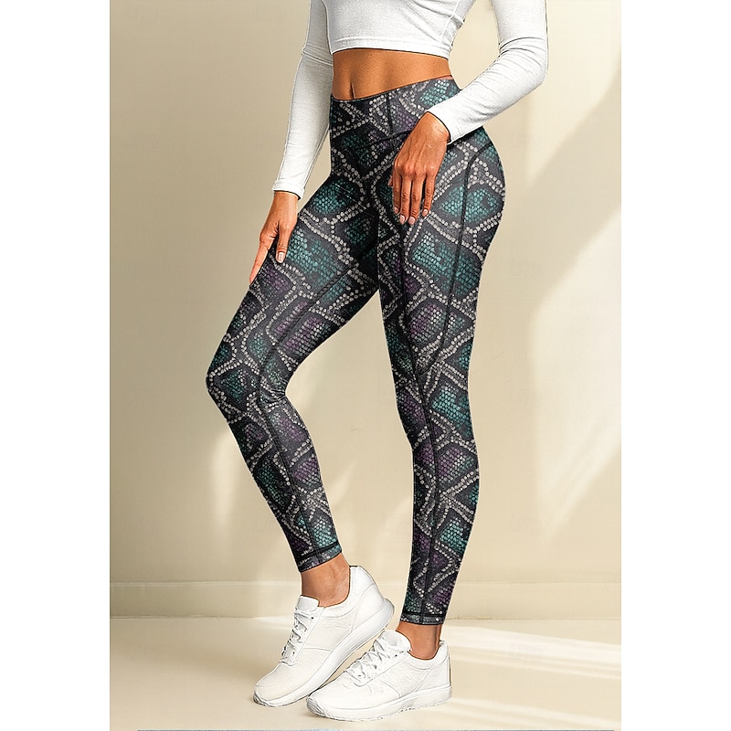 Women's pilates leggings fitness pants Gym Leggings Pockets Stamp Duty Side Pockets Pilates Gym Gym Workout Pants Tights Leggings Animal Patterned Snakeskin Dark Green Sports Activewear Stretchy2