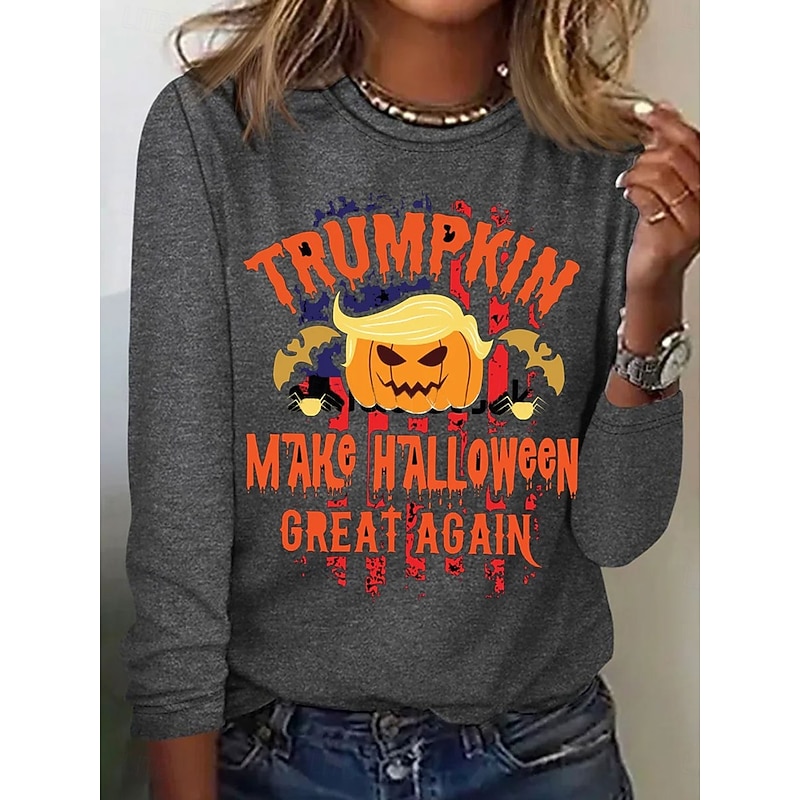 Halloween Women's T shirt Pumpkin Graphic Letter Vintage Fashion Stylish Long Sleeve Crew Neck Round Neck Regular Tops Daily Weekend Print Gray Spring Fall Winter - Main Image
