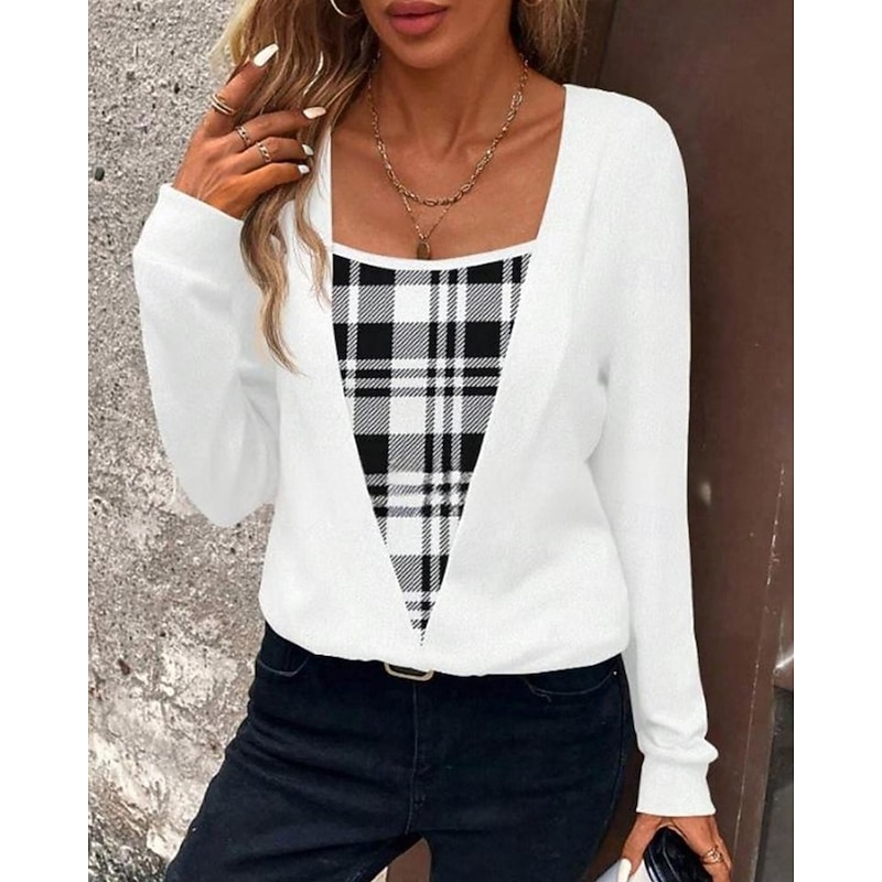 Women's Shirt Blouse Plaid Stylish Basic Casual Long Sleeve Square Neck Regular Tops Daily Holiday Print White Spring Fall Winter