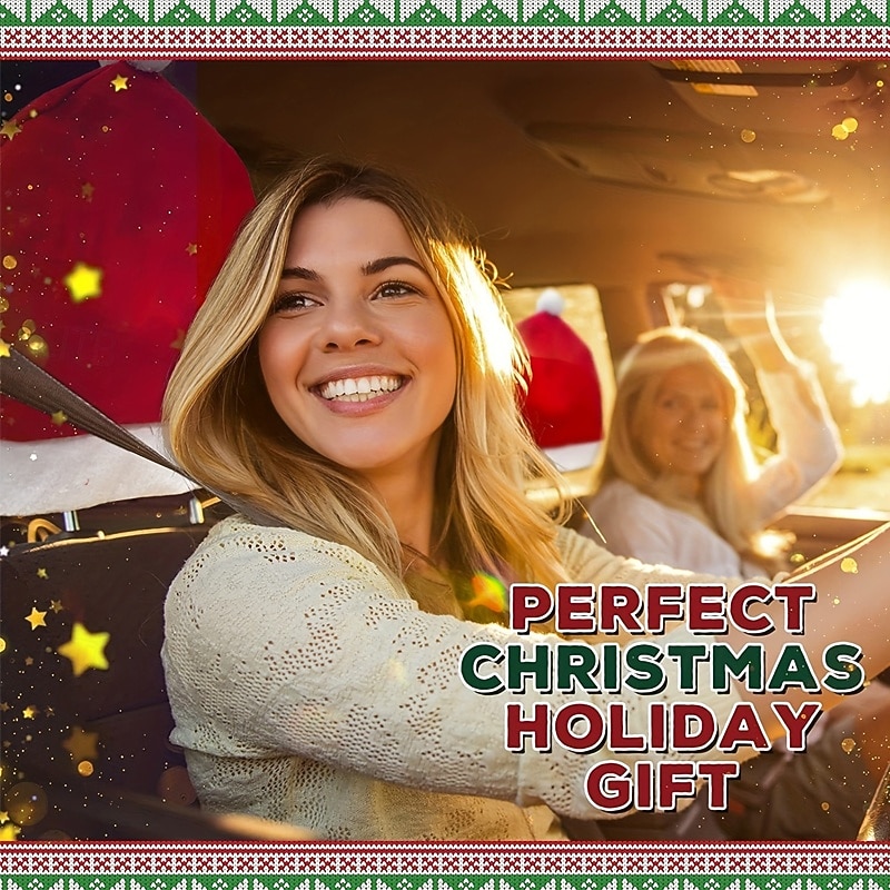 2-Pcs Festive Santa Hat Christmas Car Seat Headrest Covers Universal Fit for Vehicle Interior Decoration2