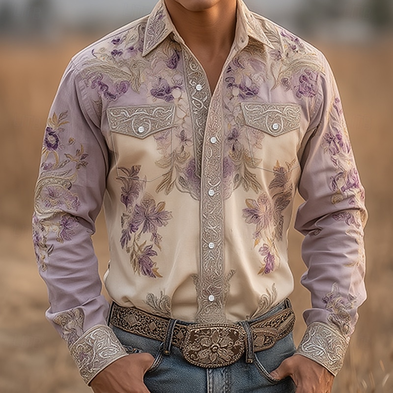 Men's Floral Print Flowers Shirt Western Shirt Cowboy Shirt Long Sleeve Vintage Retro Outdoor Casual WorkWear Spring Fall Turndown Front Two Pockets Linen Like Shirt Button Up Shirts Light Purple