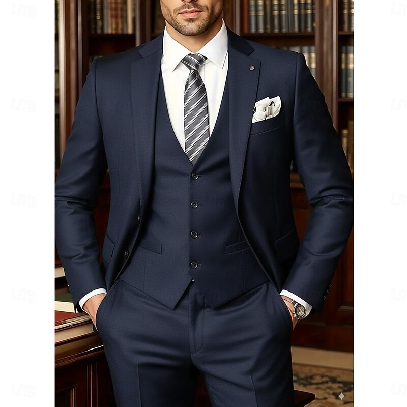 Men's Wedding Party Business Suits Notch Lapel Black Burgundy Daily Formal Solid Colored Slim Fit 3 Piece Single Breasted Two-buttons