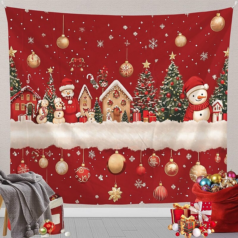Chrismas Hanging Tapestry Merry Christmas Christmas Tree Snowman Snowflakes Large Wall Art Mural Decor Blanket Curtain Holiday Home Bedroom Living Room Festive Seasonal Party Celebration Decoration4