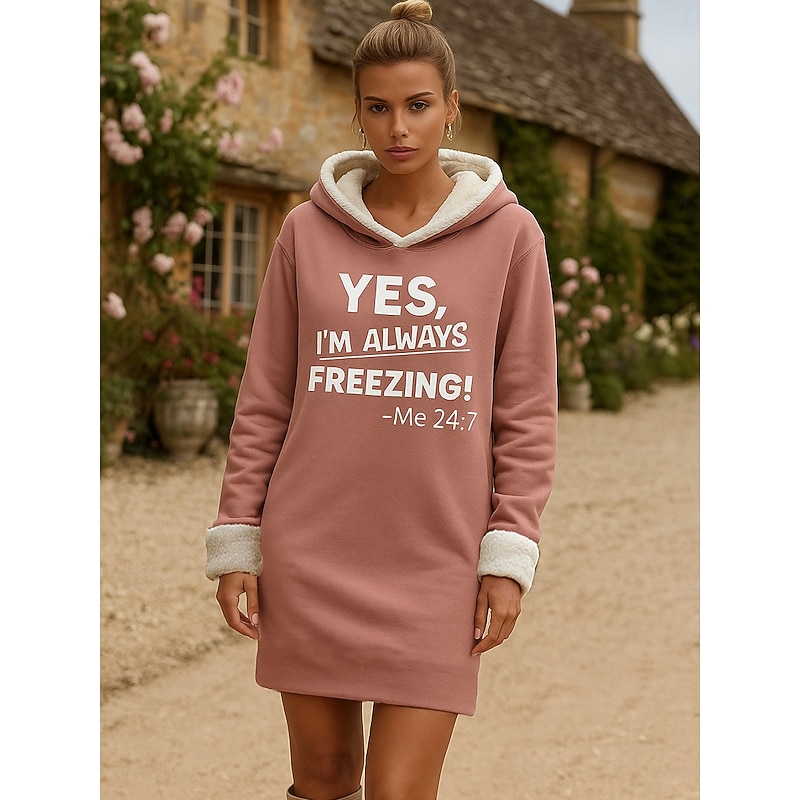 Women's Mini Dress Shift Dress Casual Vacation Home New Year Loose Fit Graphic Letter Long Sleeve Hooded Black Pink Red Fall Winter