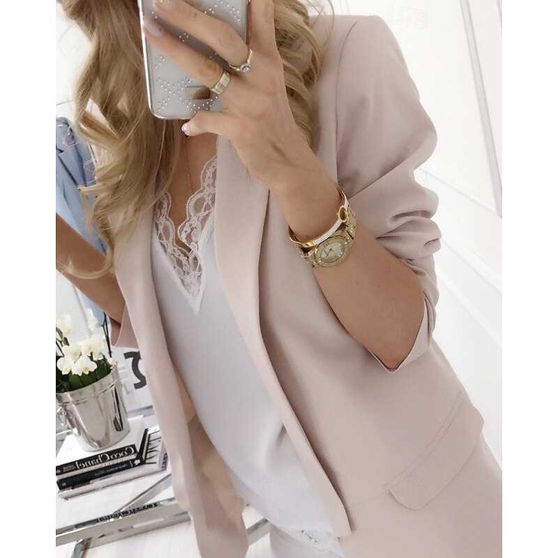 Women's Blazer Comfortable Pocket Elegant Fashion Outdoor Plain Going out Casual Daily Weekend Cardigan Regular Lapel Regular Fit Long Sleeve Outerwear Black White Red Spring Fall2