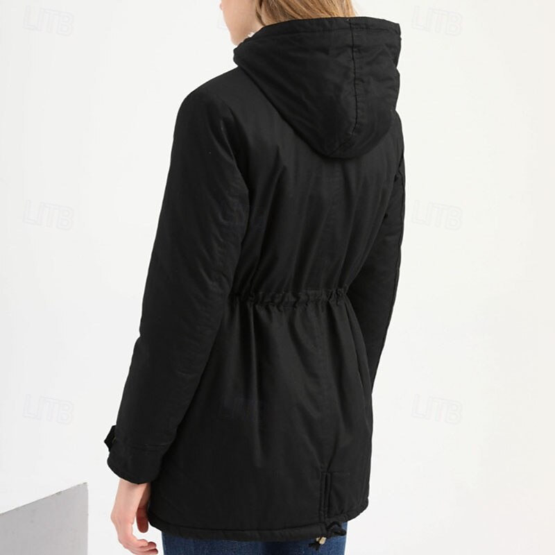 Women's Parka Warm Comfortable Zipper Pocket With Belt Casual Solid Color Vacation Street Casual Daily Wear Long Hooded Regular Fit Long Sleeve Outerwear Navy Black Pink Fall Winter4