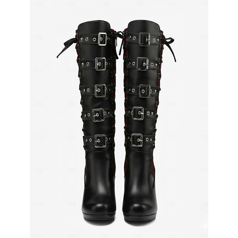 Women's Gothic Lace-Up High Heel Knee-High Boots with Multiple Buckle Straps - Steampunk Style Black Leather Boots with Red Lace Detailing, Perfect for Cosplay and Halloween4