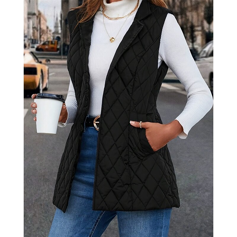 Women's Puffer Jacket Quilted Jacket Casual Jacket Waterproof Comfortable Zipper Pocket Casual Plain Vacation Street Casual Daily Wear Zipper Long Turndown Regular Fit Sleeveless Outerwear Black2