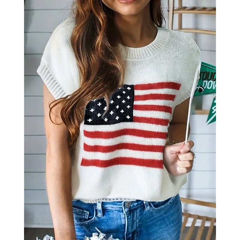 Women's Sweater Pullover Fashion Casual Graphic Ribbed Crew Neck Knitted Short Sleeves Regular Tops Knit Outdoor Daily Weekend White Summer Spring4