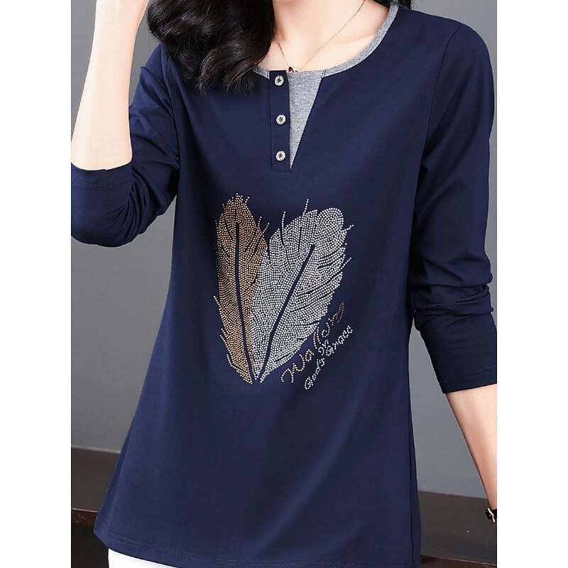 Women's Blouse Feather Stylish Casual Long Sleeve Crew Neck Regular Tops Daily Patchwork Sage Green Black Pink Red Royal Blue Spring Fall2