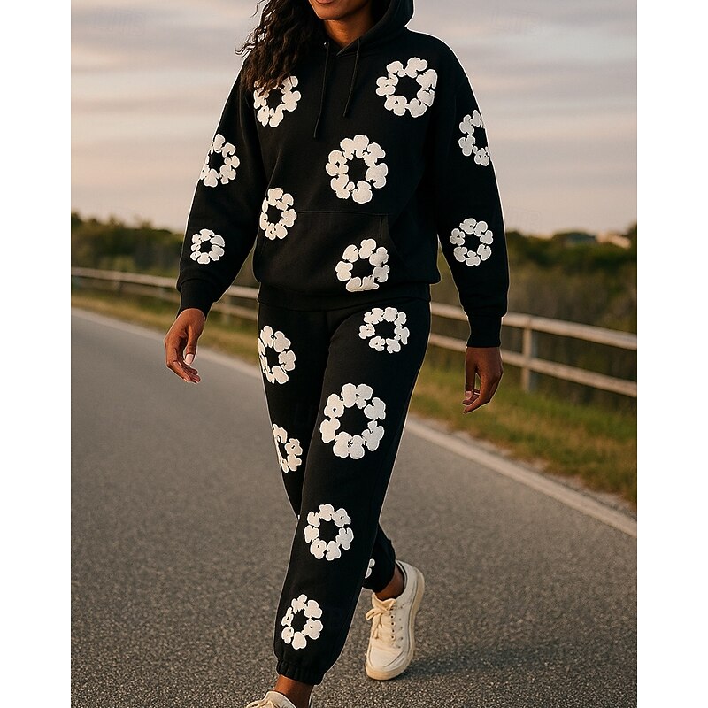 Women's 2 Piece Tracksuit Lounge Hoodie Sweatsuit Sets Baggy Print Floral Print Clothing Suit Fall Black Red Vocation Outdoor Travel High Waist Lightweight Fashion Long Sleeve Sport Activewear3