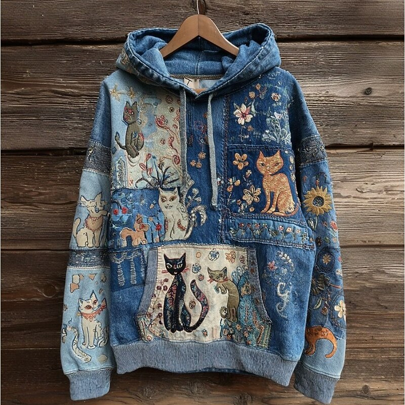 Women's Pullover Hoodie Sweatshirt Graphic Animal Cat Punk Active Vintage Long Sleeve Hooded Regular Tops Street Dailywear Print Front Pocket Denim Blue Blue Light Blue Spring Fall Winter3