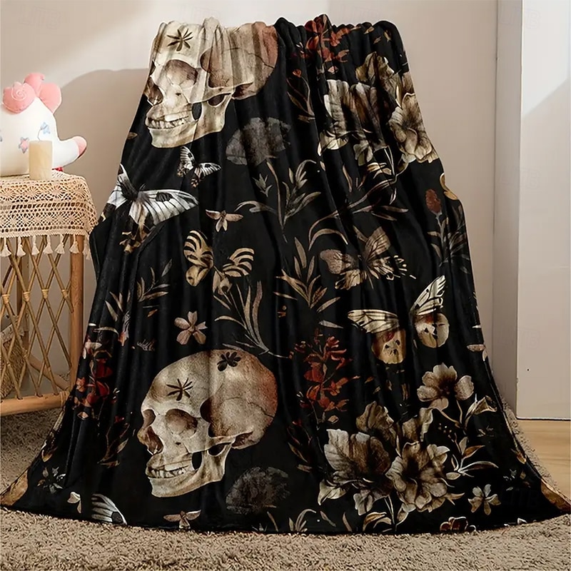 Halloween Fleece Throw Blanket for Couch Skeleton Flower Rustic Cottagecore Dark Punk Gothic Style Party Sofa Bed Decorative Warm Blanket Home Decor3