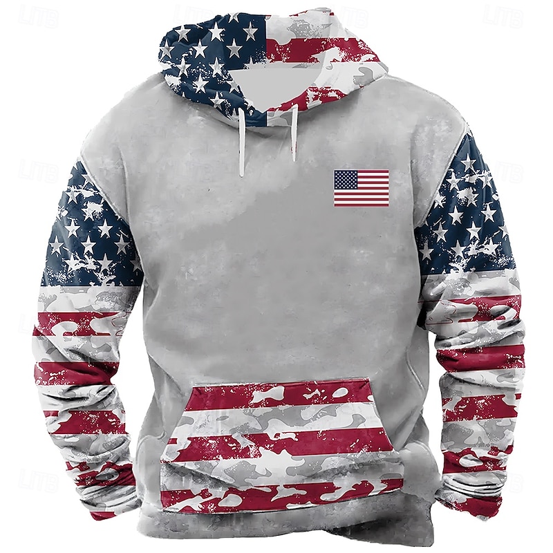 Men's American US Flag Hoodie Sweatshirt Casual Crew Neck Hunting Gray Gray 2 Drawstring Graphic Fall Winter Designer