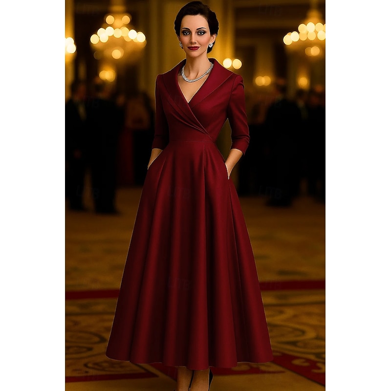 A-Line Portrait Collar Mother of the Bride Dress Elegant Vintage V Neck Tea Length Midi Length Stretch Satin 3/4 Length Sleeve with Ruching Solid Color