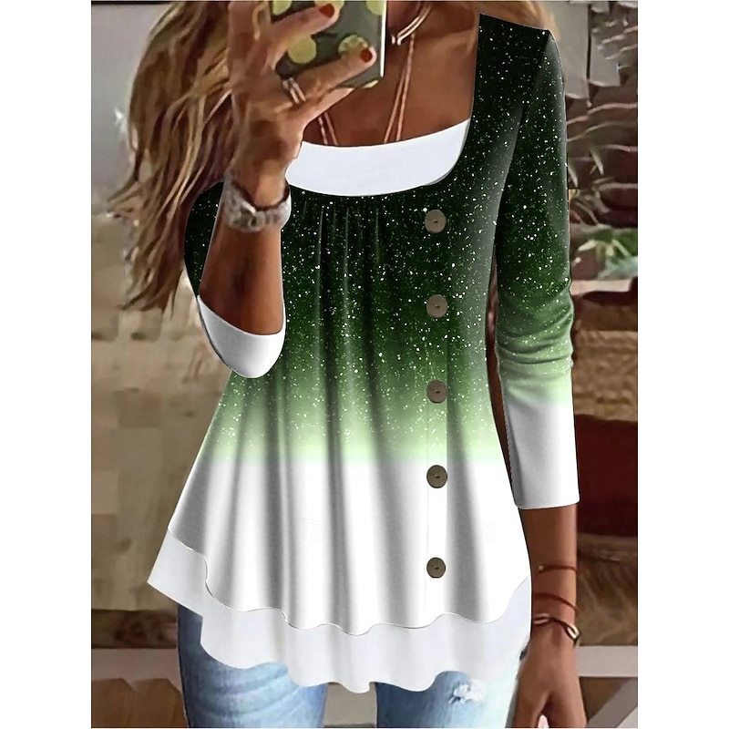 Women's T Shirt Ombre Graphic Vintage Stylish Classic Long Sleeve Square Neck Long Tops Daily Weekend Patchwork Buttons Print Red Blue Purple Green Spring Fall Winter2