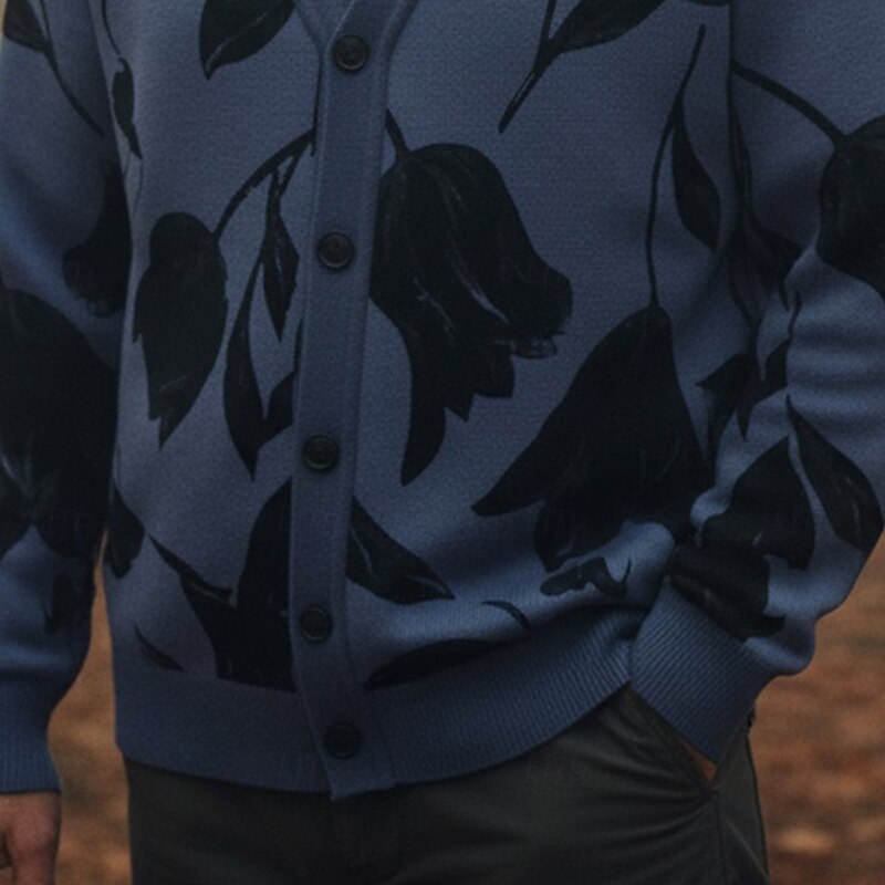Christmas Men's Floral Botanical Flower / Plants Sweater Cardigan Sweater V Neck Retro Vintage Casual Outdoor Home Party Buckle Long Sleeve Fall Winter Blue Rose Red Grey3