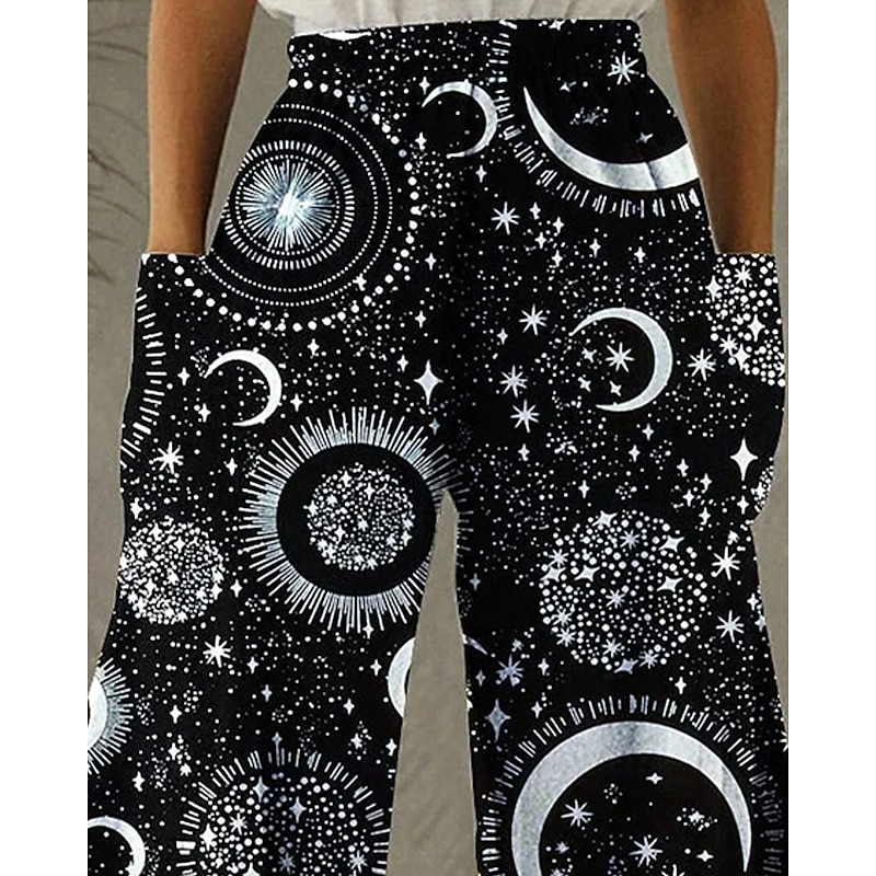 Women's Wide Leg Pants Trousers Vacation Ethnic Style Basic Full Length High Waist Star Moon Pocket Elastic Waistband Print Comfy Breathability Inelastic Vacation Casual Daily Black Spring Fall Loose2