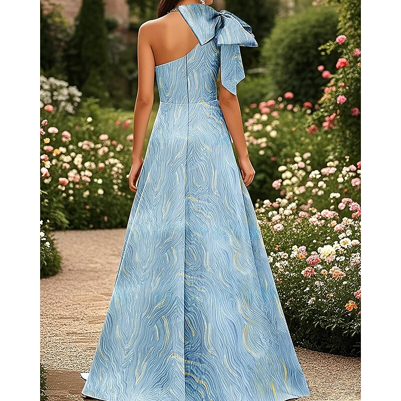 Metallic Marble Jacquard Dress A-Line Evening Gown Elegant Dress Formal Wedding Floor Length Sleeveless One Shoulder Brocade with Bow(s) Pleats Wedding Guest Dress2