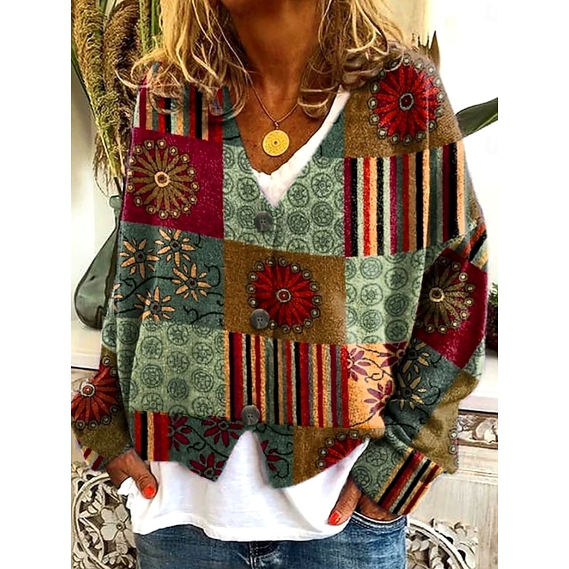 Women's Sweater Cardigan Elegant Vintage Fashion Floral Geometric Striped V Neck Patchwork Pocket Knitted Long Sleeve Regular Tops Knit Outdoor Daily Weekend Wine Red Brown Fall Winter