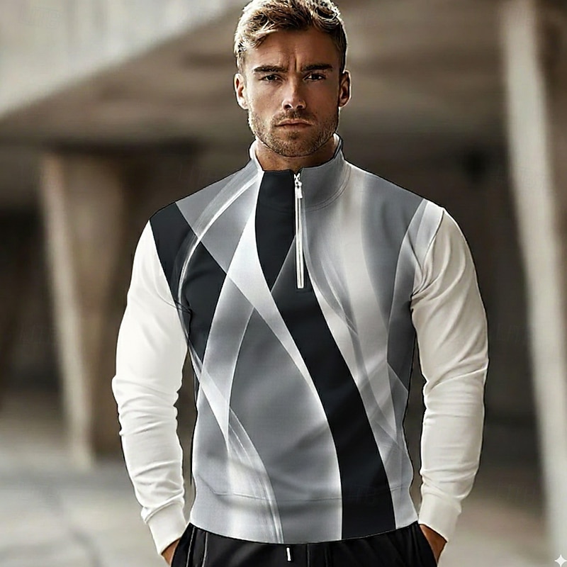 Men's Abstract Geometic Line Polo Long Sleeve Standing Collar Casual Athleisure Vacation Athleisure Casual Daily 3D Print Spring Fall Winter Black Green Blue