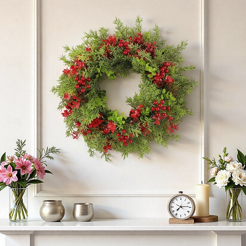 Christmas Wreath for Front Door, Indoor & Outdoor Decoration, Artificial Eucalyptus with Red Berries and Pine Needle Garland, Holiday Hanging Decor for Wall, Door, and Window4