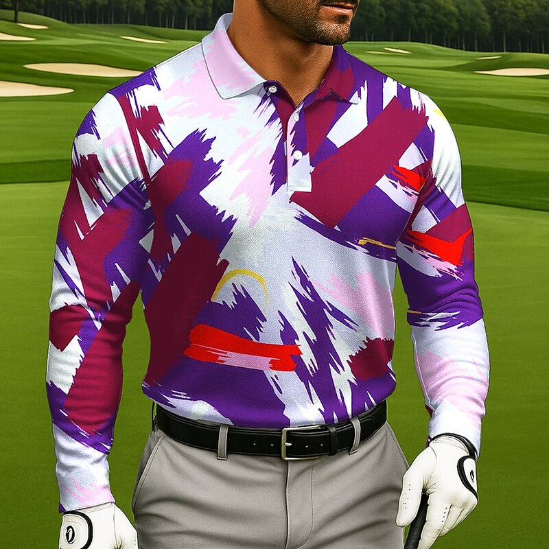 Men's Color Block Golf Polo Long Sleeve Polo Shirts Lapel Casual Athleisure Daily Wear 3D Print Buttons Spring Fall Winter Blue Purple Green3