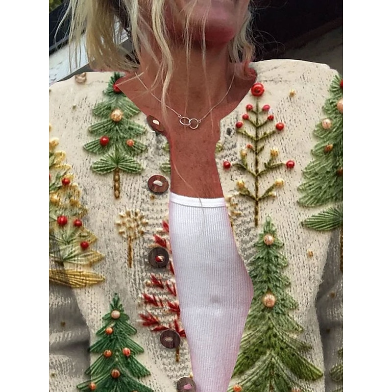 Women's Cardigan Daily Graphic Tree Ribbed Crew Neck Buttons Print Long Sleeve Regular Tops Knit Outdoor Holiday Weekend Green Beige Fall Winter2