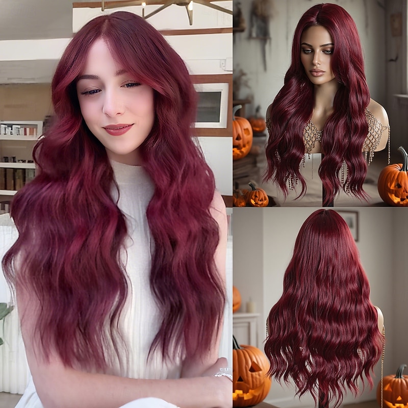Synthetic Lace Wig Curly Style 24 inch Burgundy Middle Part U Part Wig Women's Wig Wine Red