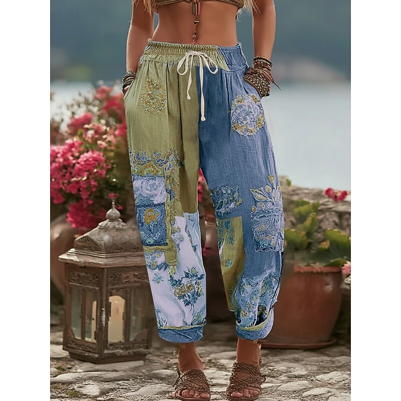 Women's Wide Leg Pants Trousers Vacation Vintage Ethnic Style Full Length Mid Waist Floral Drawstring Pocket Elastic Waist Comfy Breathability Micro-elastic Vacation Street Dailywear Yellow Pink Blue2