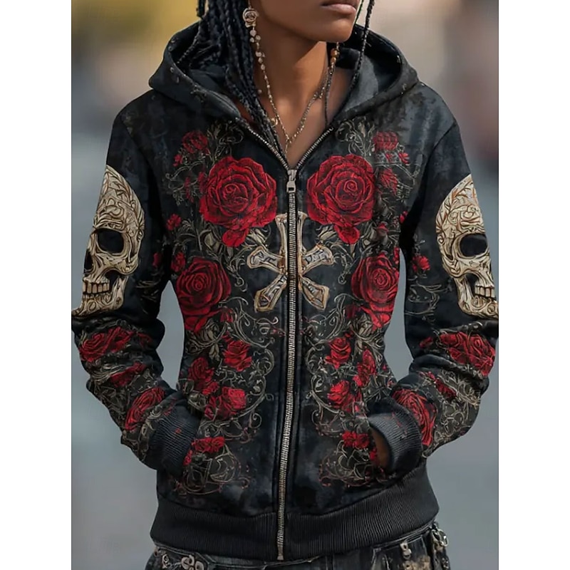 Halloween Women's Zip Up Hoodies Skulls Graphic Rose Fashion Casual Long Sleeve Hooded Regular Tops Street Dailywear Casual Zipper Pocket Print Red Purple Green Spring Fall
